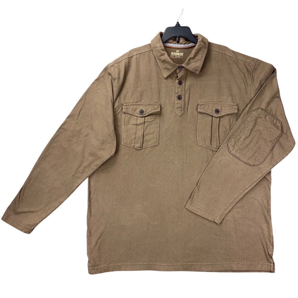 Outdoor Life Men's XL Brown Long Sleeve Button Henley Shirt Relaxed Fit Pockets